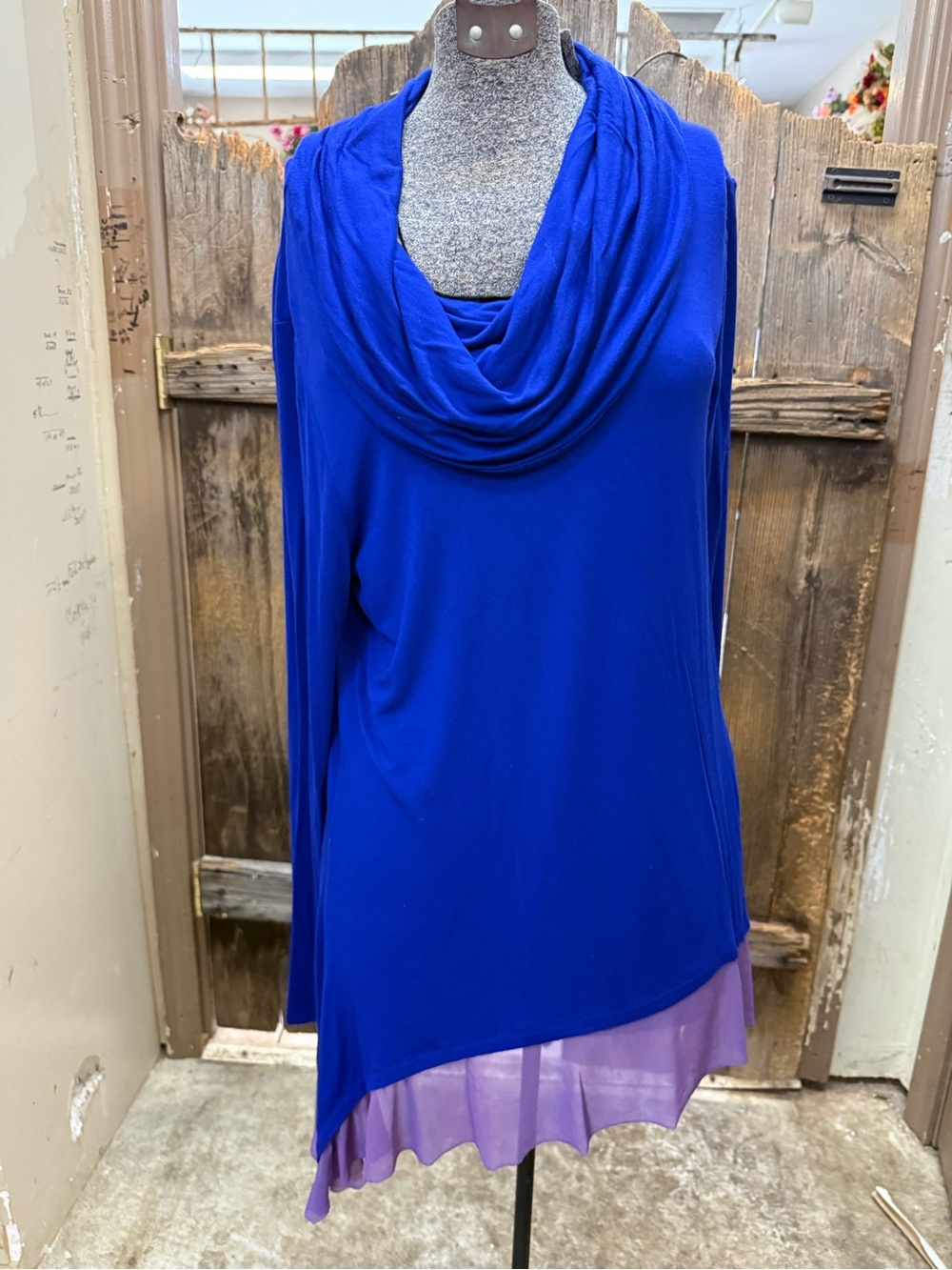 Cupio Cowl Neck Royal Blue Tunic with Purple Hem
